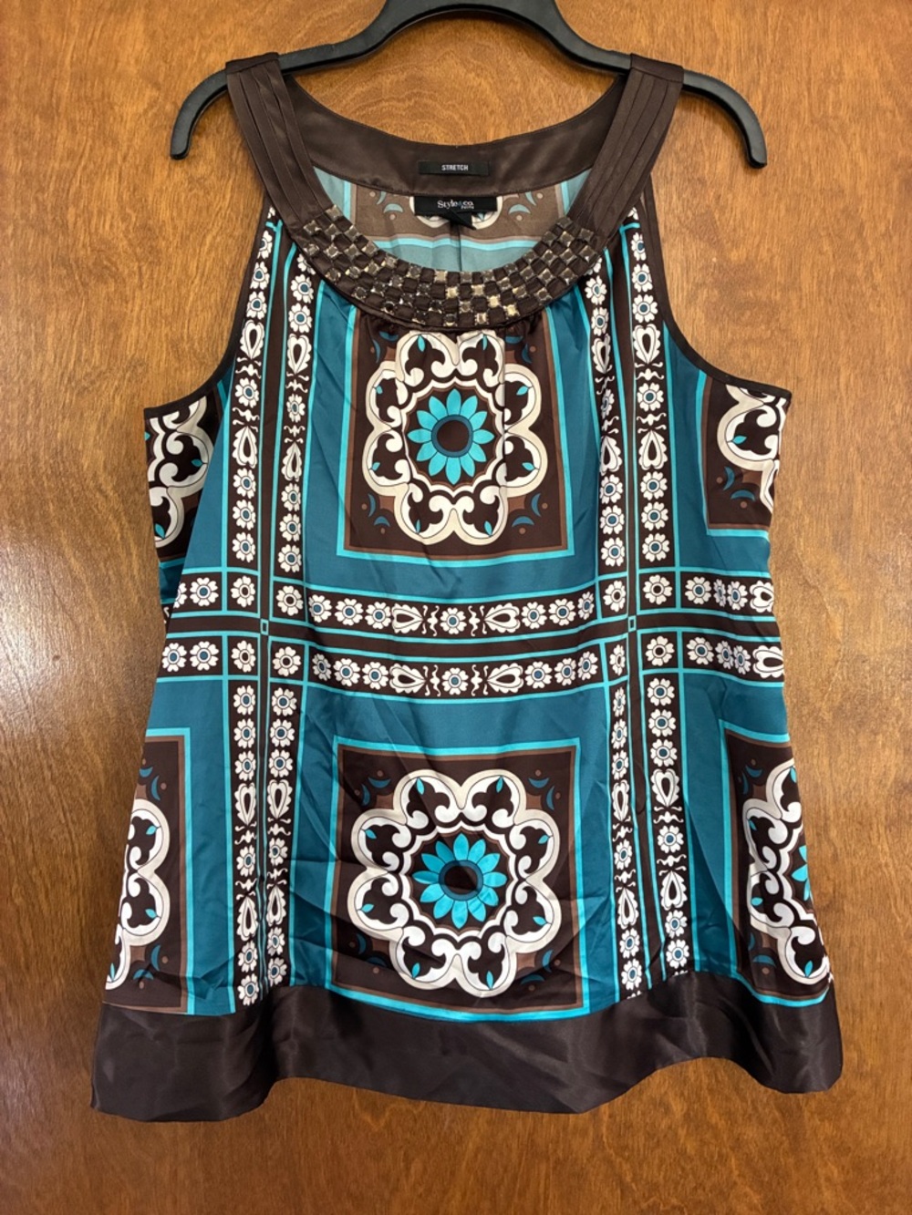 Style & Co. Teal and Brown Sleeveless Beaded-Neck Camisole Size 14 Petite